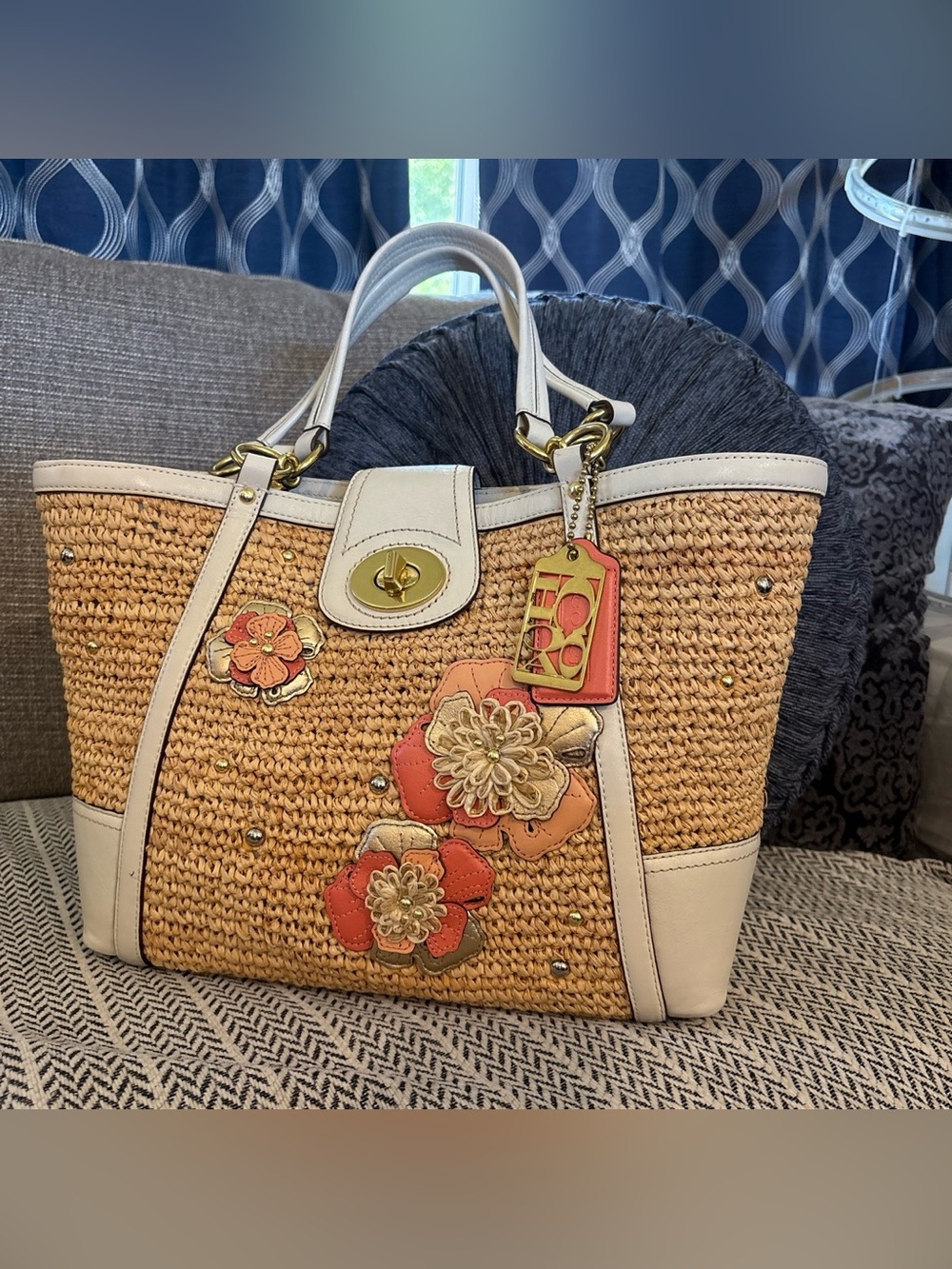 Coach Hamptons Weekend Straw Tote Featuring Floral Aplliques & White Leather